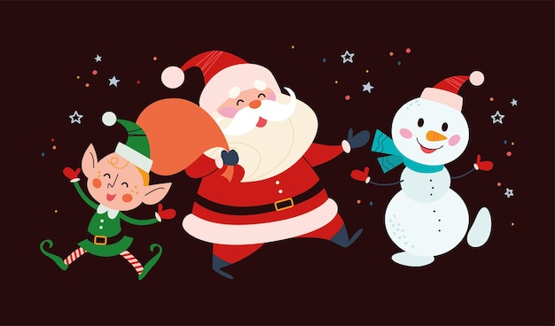 Banner de natal com personagens fofos de inverno feliz em fundo preto. papai noel com saco de presente, boneco de neve e saudação de duende. ilustração em vetor plana. para cartões, embalagens, web, convite, banner.