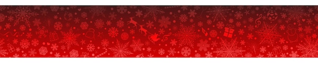 Banner de Natal com vários flocos de neve e símbolos de férias, em cores vermelhas
