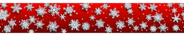 Banner de natal de flocos de neve de papel branco complexo com sombras suaves sobre fundo vermelho com repetição horizontal