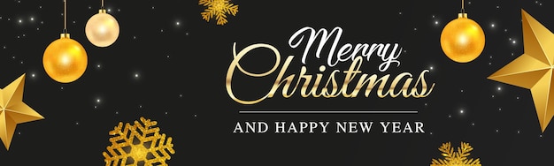 Banner de Natal e Ano Novo com bolas de estrelas douradas brilhantes e flocos de neve em fundo preto
