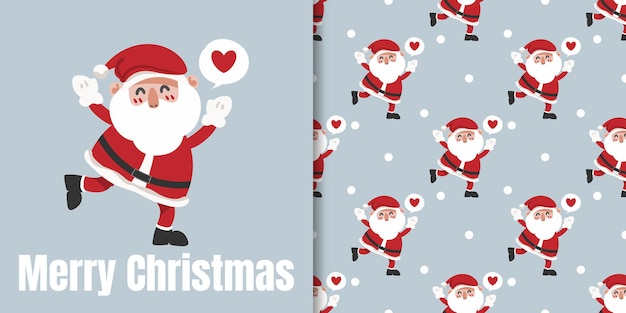 Banner de Natal e padrão sem emenda de Papai Noel com formato de coração na caixa de texto e flocos de neve