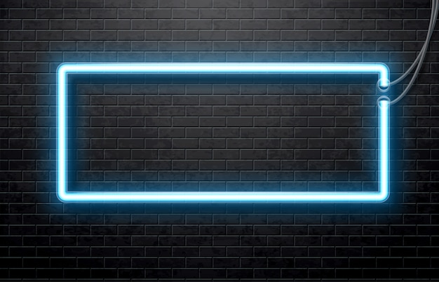 Banner de néon azul isolado na parede de tijolos pretos