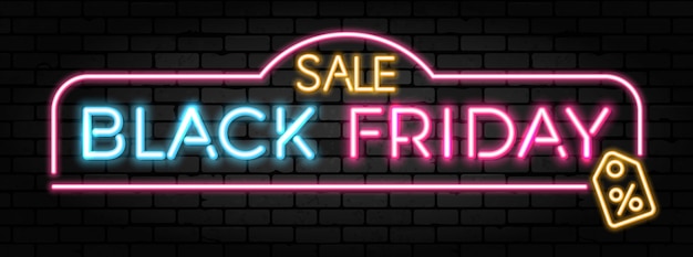 Banner de néon black friday sale com tabuleta para venda de black friday em textura de parede de tijolos