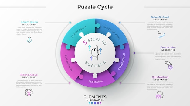 Banner de opções de infográfico moderno com gráfico de pizza dividido em 5 elementos de quebra-cabeça. vetor. pode ser usado para web design e layout de fluxo de trabalho