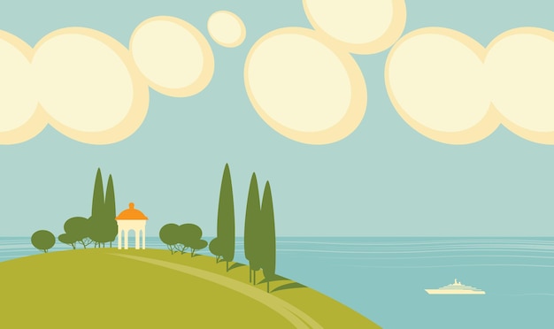 Banner de paisagem marinha com gazebo branco na colina