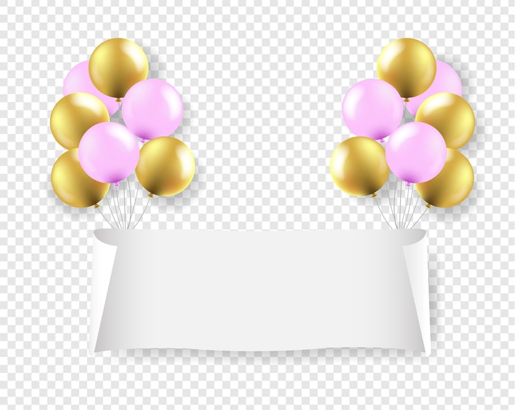 Vetor banner de papel branco com fundo transparente de balões rosa e dourado com malha gradiente,
