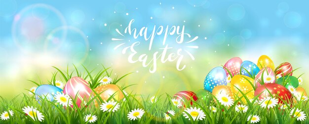 Banner de Páscoa com ovos coloridos na grama com flores. Letras de feliz Páscoa no fundo do céu azul. Natureza da primavera. A ilustração pode ser usada para design de férias e cartão de felicitações.