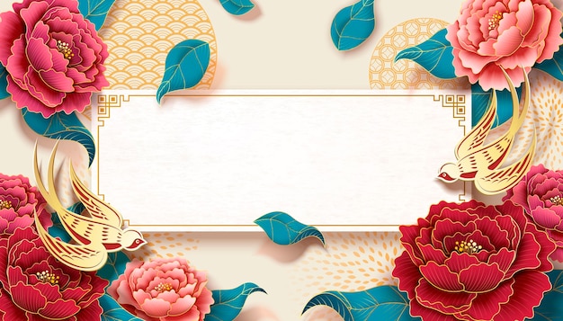 Banner de peônia com flores coloridas e decorações douradas de andorinhas