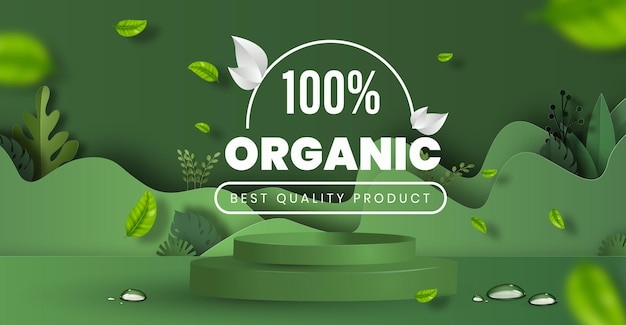 banner de produto orgânico e plataforma de pódio com formas geométricas e fundo natural