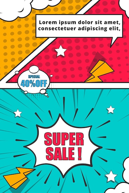 Banner de promoção de desconto de super venda de quadrinhos vetoriais gratuitos