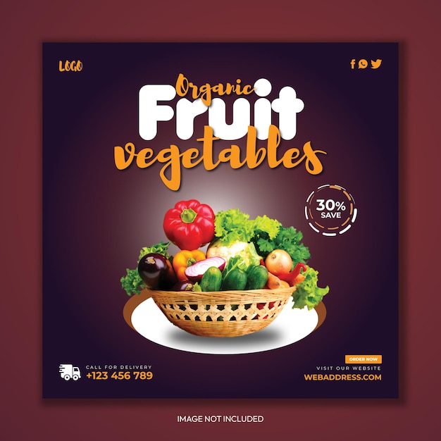 Banner de promoção de entrega de mercearia saudável de vegetais e frutas modelo de postagem de mídia social do instagram