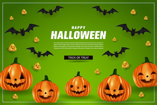 Banner de promoção de venda de banner feliz de halloween com abóbora de halloween e morcegos em fundo verde
