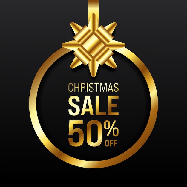 Banner de promoção de venda de feliz natal e oferta especial decorativa com fita dourada