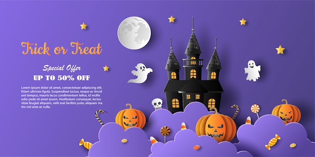 Banner de promoção de venda de halloween com oferta de desconto em ocasiões especiais.