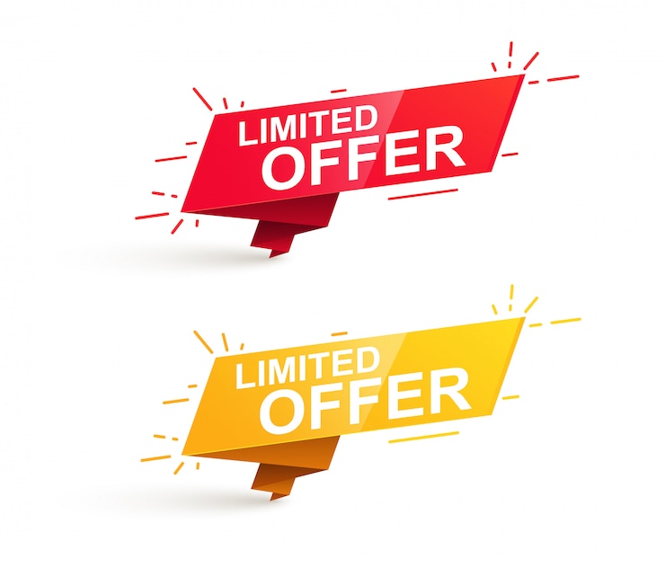 Vetor banner de promoção de venda de oferta limitada. etiquetas vermelhas e amarelas, adesivos e emblemas.