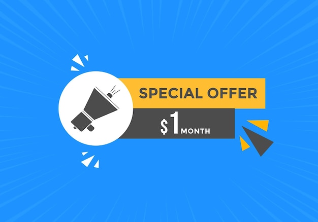 Banner de promoção de venda do mês de dólar de 1 USD. Oferta especial, preço de 1 dólar por mês, botão comprar agora