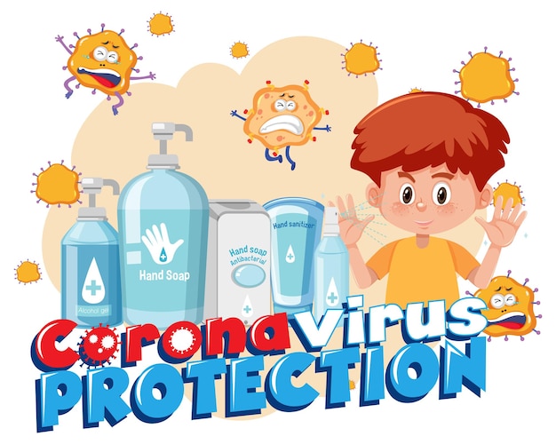 Banner de proteção contra coronavírus com personagens de desenhos animados e produtos higienizantes