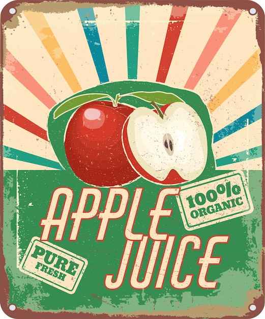 Banner de publicidade um pouco enferrujado, vintage, ilustração vetorial de suco de maçã fresco