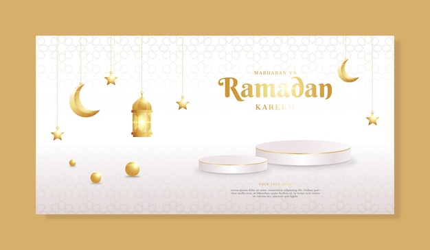Vetor banner de ramadhan realista e elegante com estrelas de lanterna de pódio e lua vetor