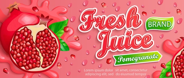 Vetor banner de respingo de suco de romã fresco com gotas apteíticas de fatia de fruta de condensação em fundo gradiente para modelo de logotipo de marcalabelemblemlojaembalagempublicidadeilustração vetorial