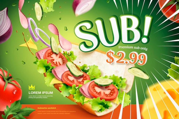 Banner de sanduíche submarino com ingredientes frescos voando na superfície verde, ilustração 3d