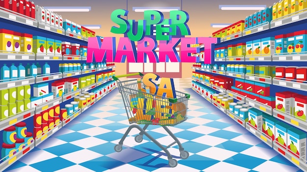 Vetor banner de supermercado vista em perspectiva do corredor do supermercado supermercado com prateleiras coloridas