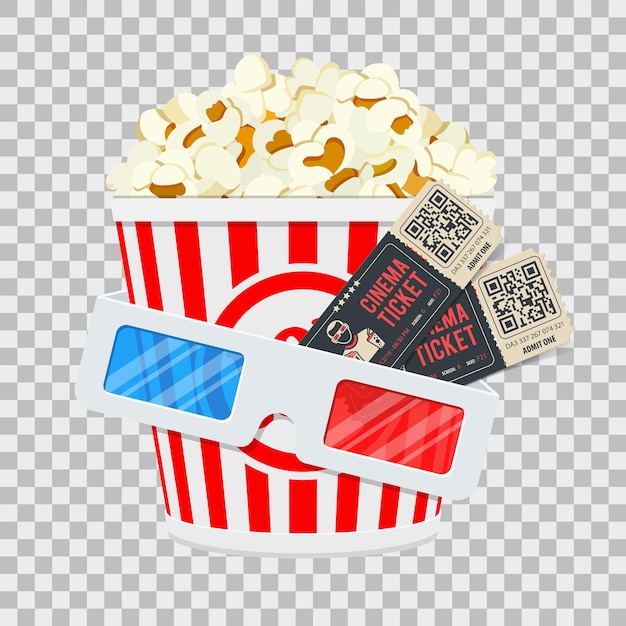 Banner de tempo de cinema e filme com pipoca de ícones lisos, óculos 3d e ingressos