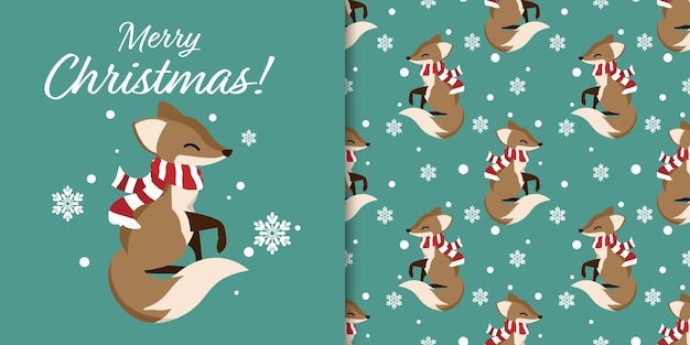 Banner de temporada de férias de natal com texto de feliz natal e padrão sem emenda de uma raposa usam lenço vermelho sobre fundo verde com flocos de neve. ilustração vetorial