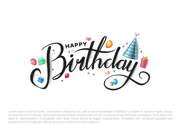 Vetor banner de texto de letras de feliz aniversário com elemento de festa para celebração