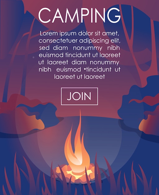 Banner de texto de publicidade convidar para participar do camping