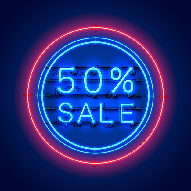 Banner de texto de venda de néon 50. sinal noturno. ilustração vetorial