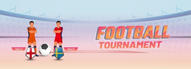 Banner de torneio de futebol ou design de cabeçalho com países participantes da inglaterra vs suécia e dois personagens de futebol.