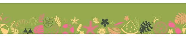 Banner de vários itens relacionados às férias de verão no mar multicoloridos em fundo verde com repetição horizontal perfeita