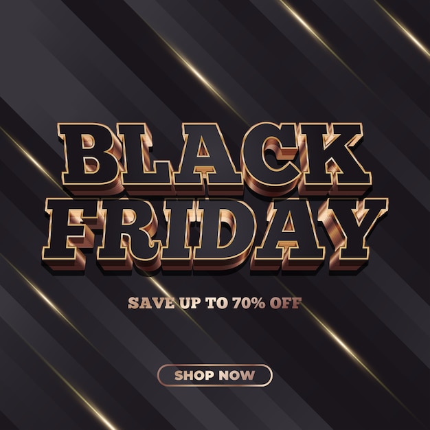 Banner de venda Black Friday com texto 3D em conceito preto e dourado