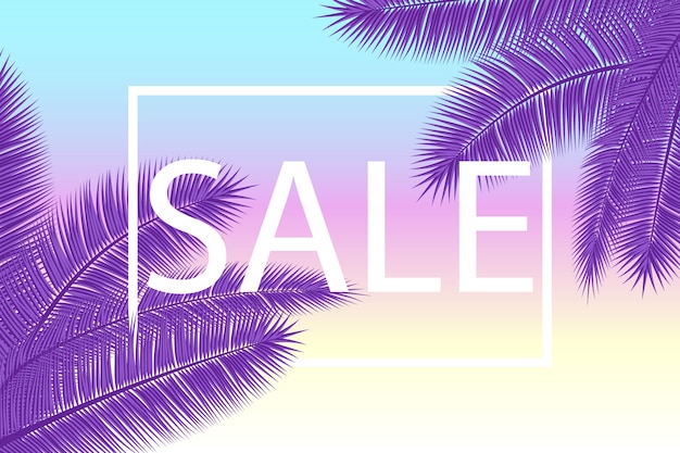 Banner de venda com folhas de palmeira. fundo ultravioleta tropical floral. ilustração. vendas de verão quente. eps 10.