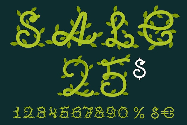 Banner de venda com números definidos por cento e cifrão arte de ecologia com letras de roteiro e folhas verdes