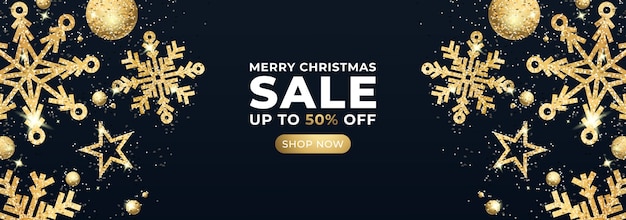 Banner de venda de feliz Natal com estrelas glitter e confetes de ouro. Vetor