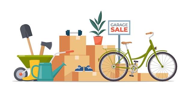 Banner de venda de garagem com objetos de móveis planos dispostos no chão, plantas de casa, livros de guitarra, roupas, cadeira e outros, desordem de coisas antigas do mercado de pulgas, ilustração vetorial