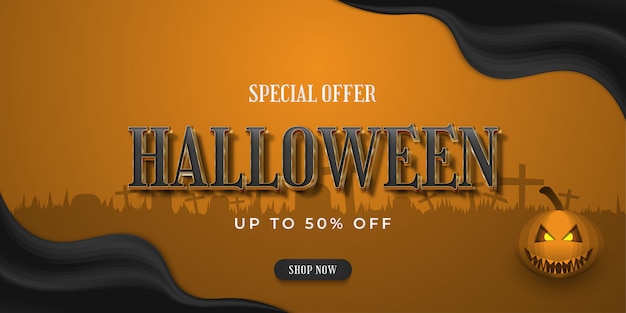 Banner de venda de halloween para compras online com fundo grave