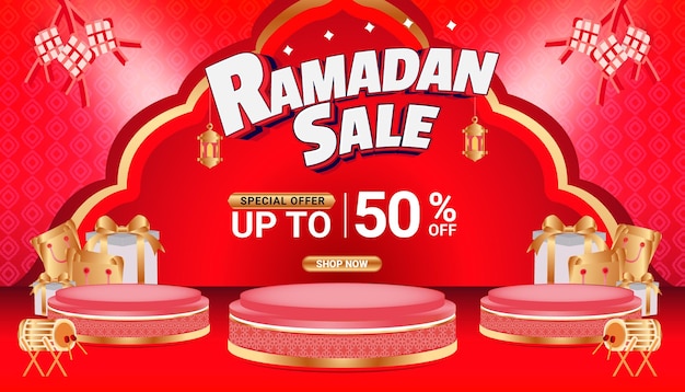 Banner de venda de Ramadan festival de mubarak texto 3D editável fundo de mídia social