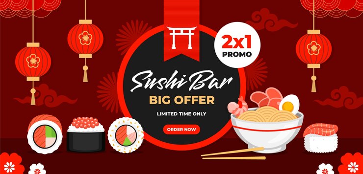 Banner de venda de restaurante japonês de design plano