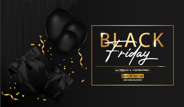Banner de venda de sexta-feira negra com presentes e balões