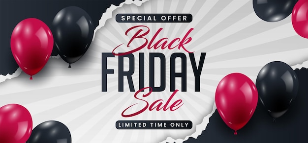 Banner de venda de sexta-feira negra realistas modernos com balões rosa e pretos