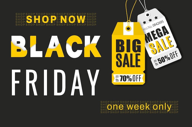 Banner de venda de sexta-feira negra sinal de preço de oferta de desconto texto colorido com etiqueta de venda brilhante sobre fundo preto vetor