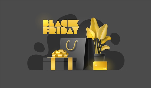 Banner de venda de sexta-feira preta com sacola de compras, planta, cartão ouro, caixa de presente em fundo isolado.
