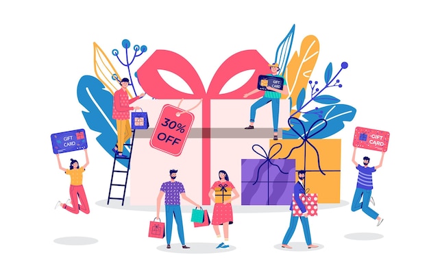 Banner de venda de site de desconto sazonal com pessoas segurando uma sacola de compras. promoção de programa de fidelidade para loja online, bônus, recompensa, cartão de desconto, cupom ou voucher. vetor plano moderno para propaganda