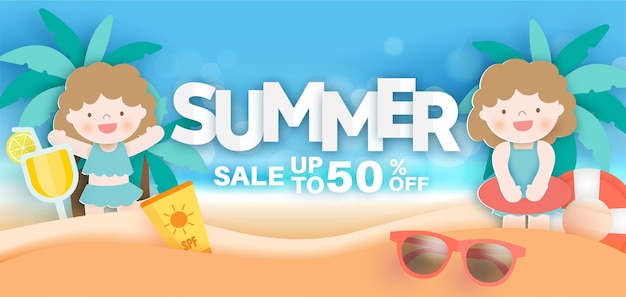 Banner de venda de verão com elemento de verão em estilo de corte de papel