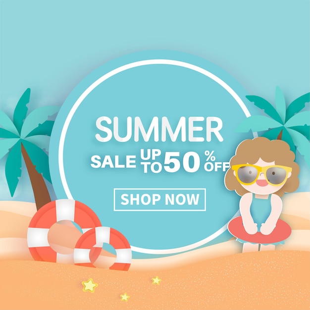 Banner de venda de verão com elemento de verão em estilo de corte de papel