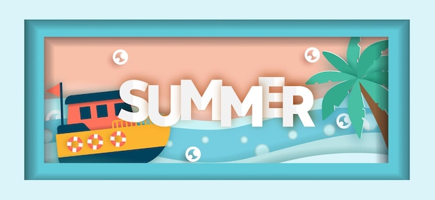 Banner de venda de verão com elementos de verão em estilo de corte de papel