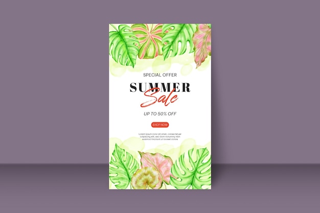 Banner de venda de verão com folhas tropicais em aquarela